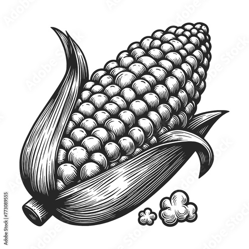 corn cob with pop corn husk and kernel texture sketch engraving generative ai fictional character raster illustration. Scratch board imitation. Black and white image.