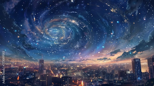 Anime style illustration of a starry sky, with galaxy swirls in the center and city lights © Anditya