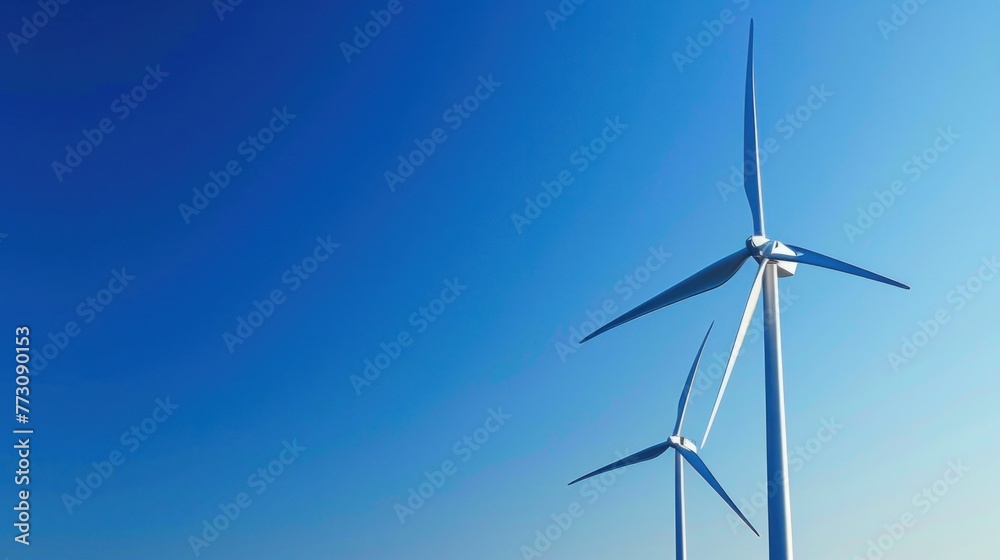 Wind turbines against a clear blue sky. Copy Space.