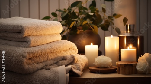 Warm candlelight and a stack of plush towels in a hygge bathroom setting.