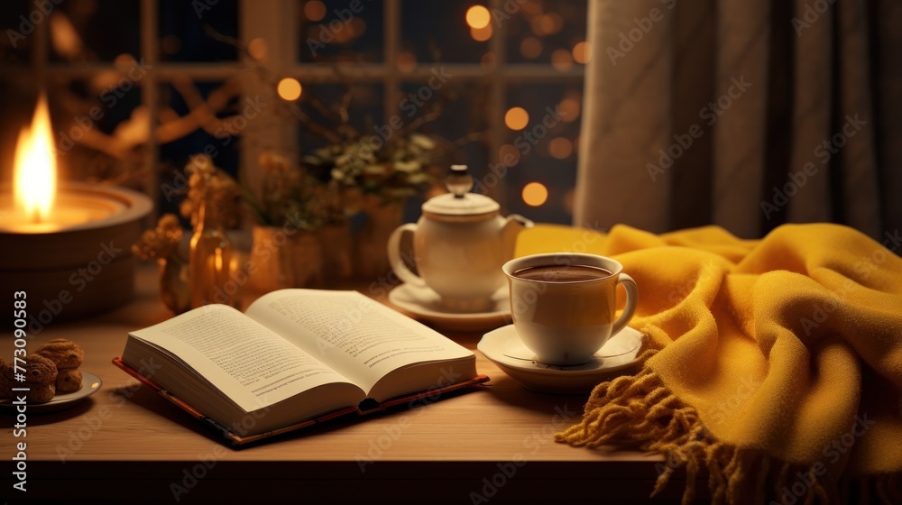 Warm kettle and a book on a soft blanket in a cozy corner of the kitchen. In the style of hygge Warm kettle and a book on a soft blanket in a cozy corner of the kitchen. In the style of hygge