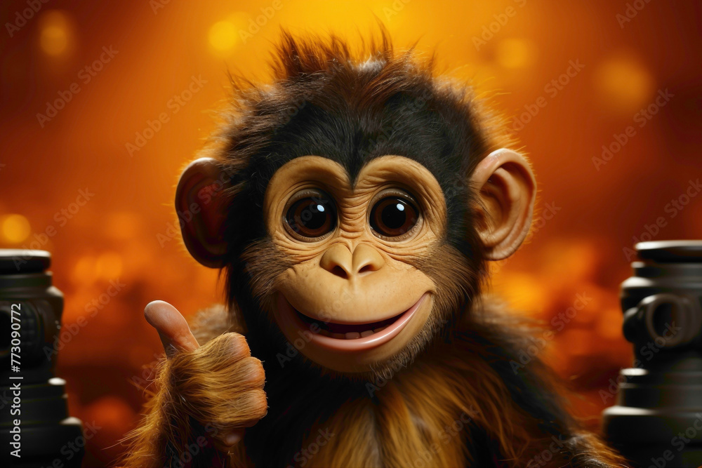 A cute monkey with an approving thumbs-up pose set against a lively yellow backdrop, creating a joyful and animated scene.