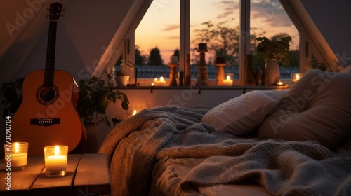 Warm evenings on the attic with a guitar and candles. In the style of hygge