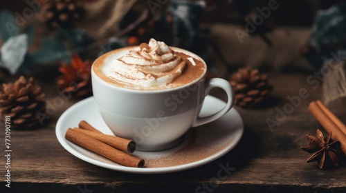 Warm latte with cinnamon and whipped cream. In the spirit of hygge. Copy space.