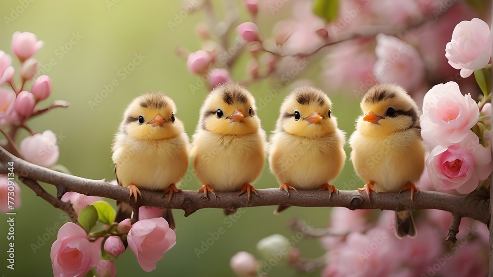 Adorable small birds perch on a branch during springtime.