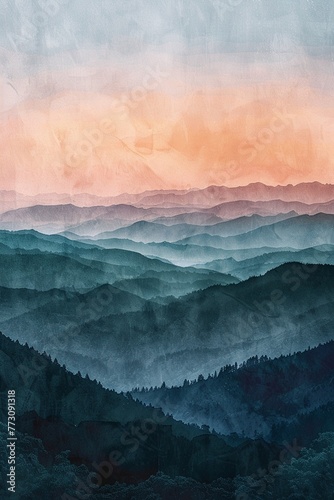 Mountain range watercolor in 8K, serene gradient sky and earthy tones, vast and peaceful landscape