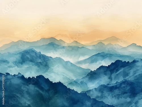 Earthy watercolor mountain range, 8K, with gradient sky, tranquil and majestic view