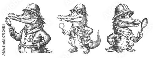 Set of vintage explorer crocodile, woodcut-style vector illustration. Generative AI.