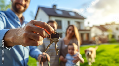 a male realtor hands over the keys of a new house to a young couple with a child and a dog. Everyone is smiling and happy. In the background is an ordinary American house, a green lawn