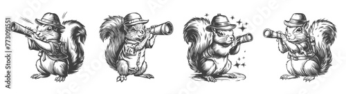 Set of squirrel explorer vintage woodcut style illustration, Generative AI.