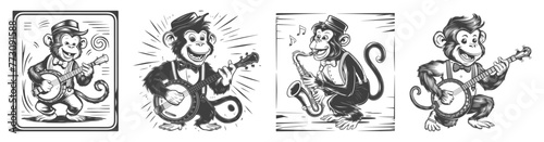 Set of retro musical monkey vector illustration, Generative AI.