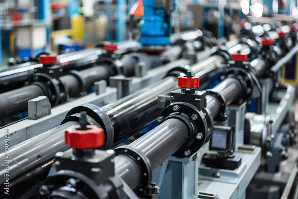 hydraulic cylinders in a factory, aligned on a production line hydraulic cylinders in a factory, aligned on a production line