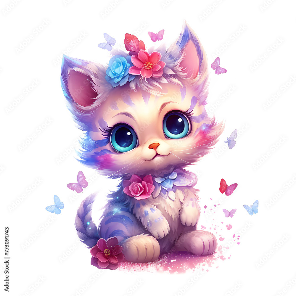 Magical kitten with big blue eyes and floral adornments