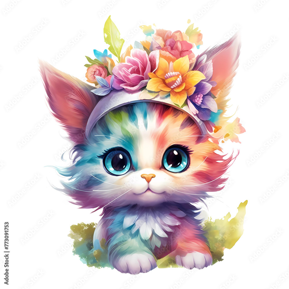 Kitten with a hat adorned with colorful flowers, fantasy illustration