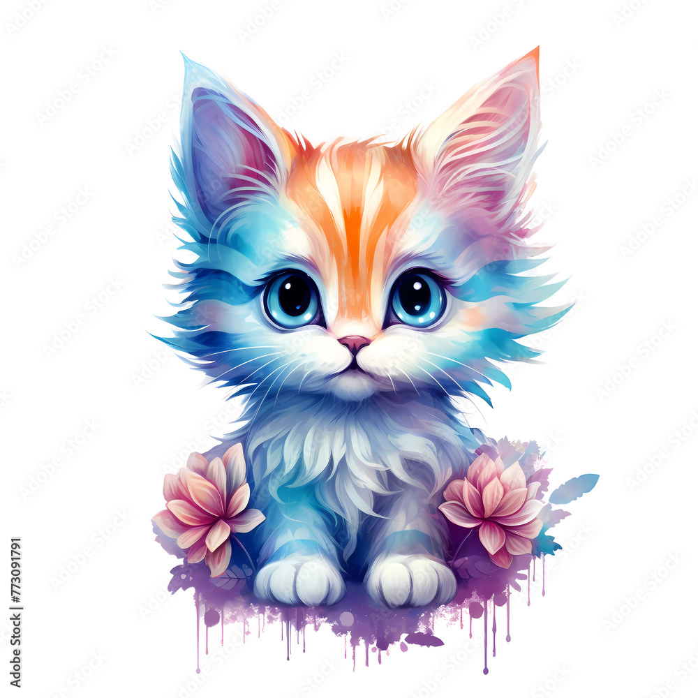 Stylized blue and orange kitten with flowers, vibrant fantasy art