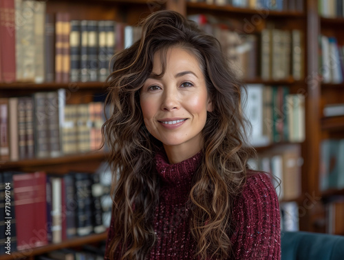 Portrait d'une femme asiatique, érudite, intellectuelle ou universitaire, posant devant une bibliothèque, scientifiques, recherches en sciences humaines, psychologie, littérature