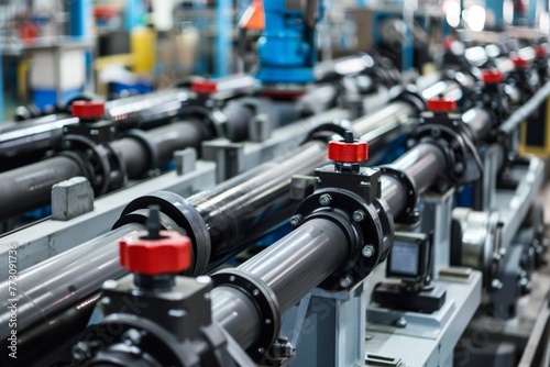hydraulic cylinders in a factory, aligned on a production line