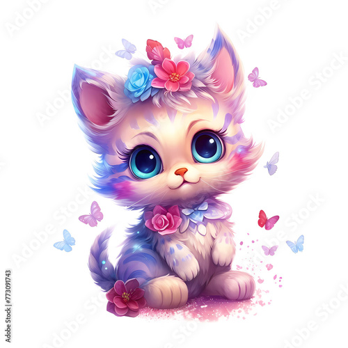 Magical kitten with big blue eyes and floral adornments
