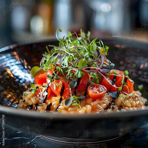 Vibrant Tomato and Basil Risotto: Gourmet Delight on Slate with Microgreens and Balsamic Drizzle