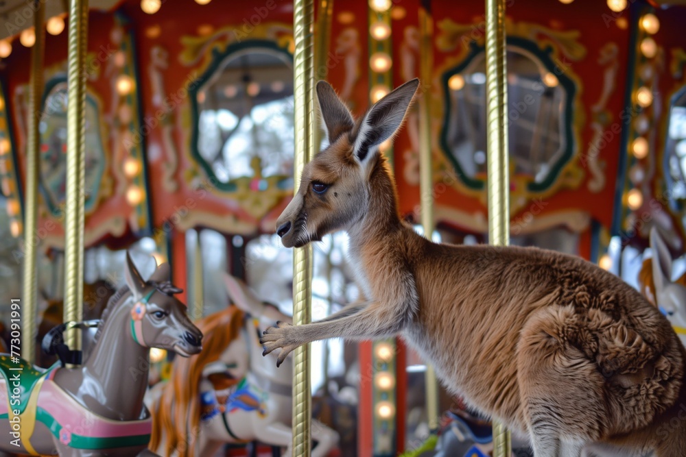 playground carousel spinning, kangaroo touching it lightly