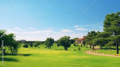 Beautiful park scene in public park with green grass field, green tree plant