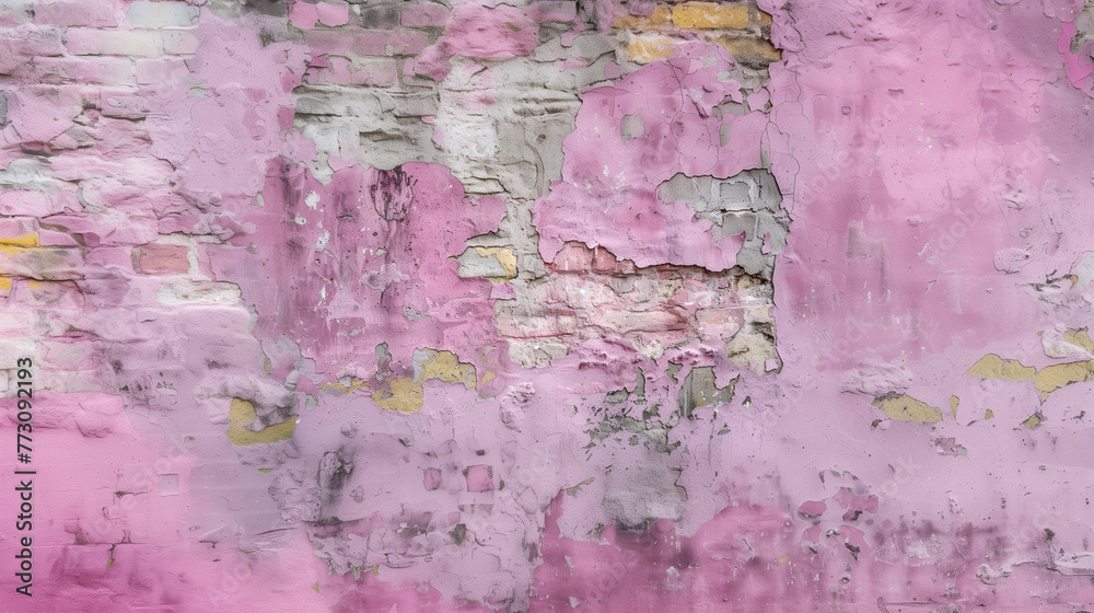 Texture of Pink Paint Peeling Off Brick Wall.