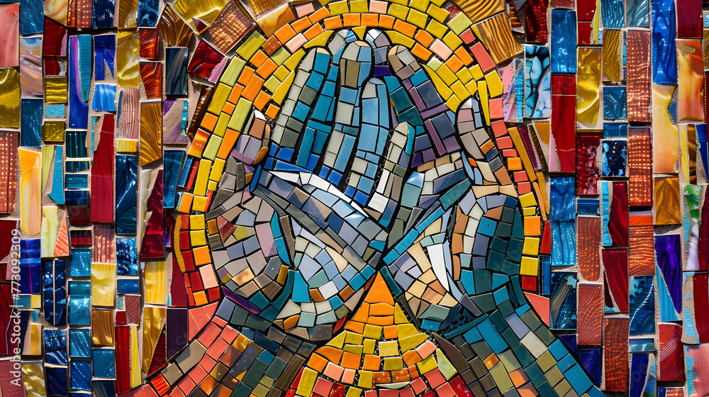 Stained Glass Window Depicts Prayer Hands In Colorful Mosaic