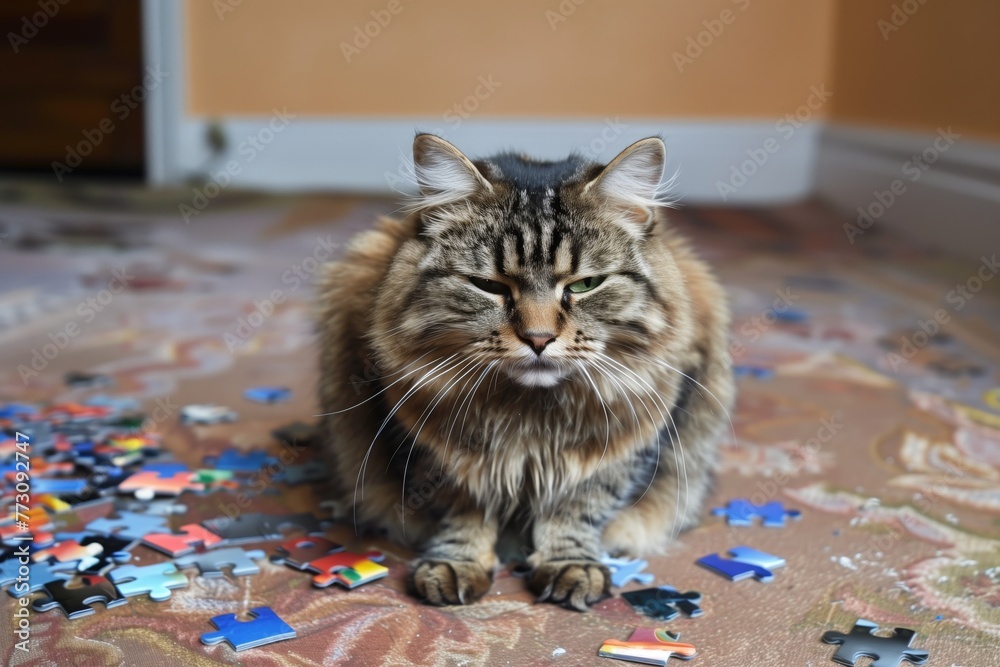 cat sitting in the middle of puzzle pieces scattered on floor