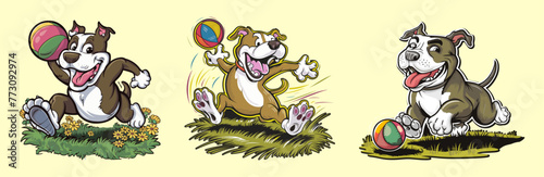 Set of playful pitbull mascots chasing a ball with exuberant energy  mascot vector illustration. Generative AI.