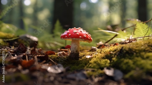 fly-agaric in forest close up, AI-generated