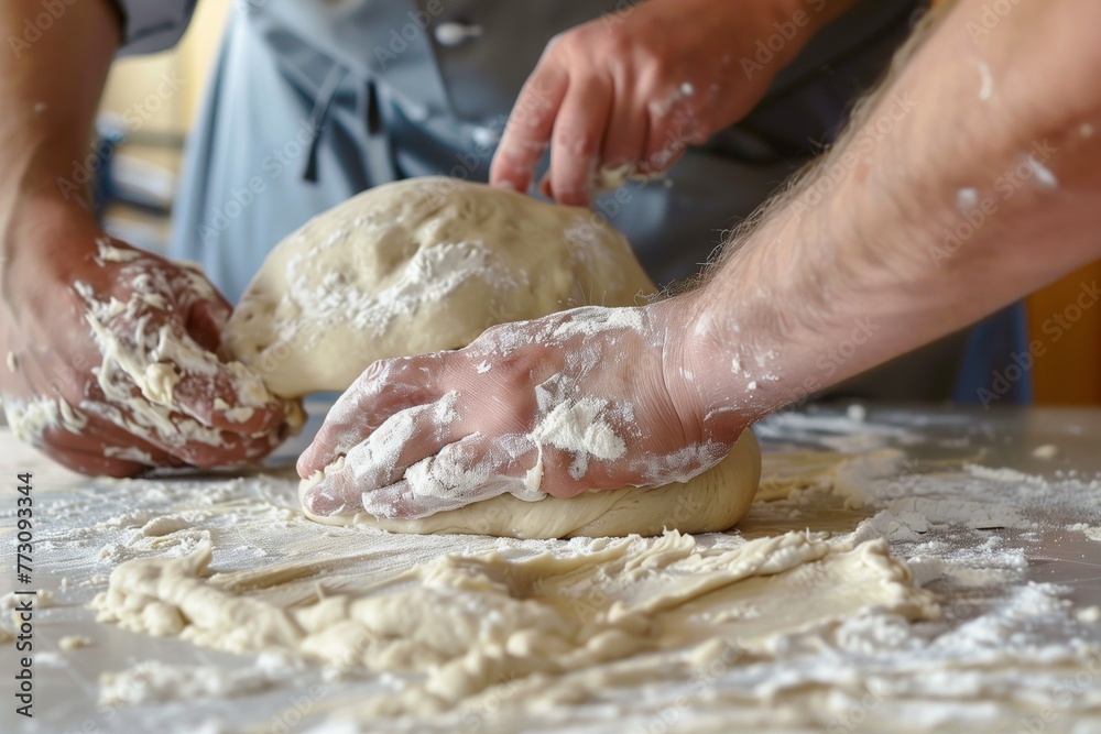 pair kneading bread dough on a floured kitchen surface pair kneading bread dough on a floured kitchen surface