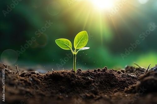 small green sprout grow from the ground in the rays of the sun