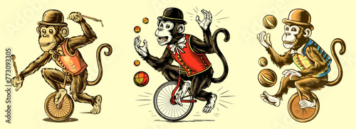 Set of circus monkeys performing tricks vector illustration. Generative AI.