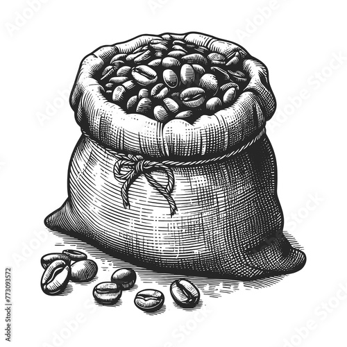 burlap sack bag coffee beans, a symbol of global trade and gourmet culture sketch engraving generative ai raster illustration. Scratch board imitation. Black and white image.