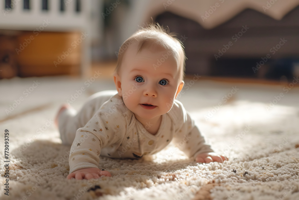 A curious baby with bright blue eyes crawls on a soft carpet in a sunlit room. Generative AI A curious baby with bright blue eyes crawls on a soft carpet in a sunlit room. Generative AI