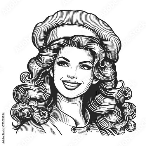 Chef woman wearing a chef hat and smiling sketch engraving generative ai fictional character raster illustration. Scratch board imitation. Black and white image.