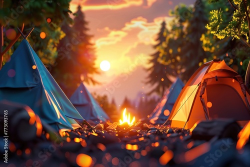 3D summer camp scene, vibrant colors, closeup on tents and campfire, golden hour lighting photo