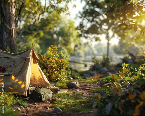 3D model of a summer backdrop, camp setting, detailed foliage, morning light, closeup on camping gear