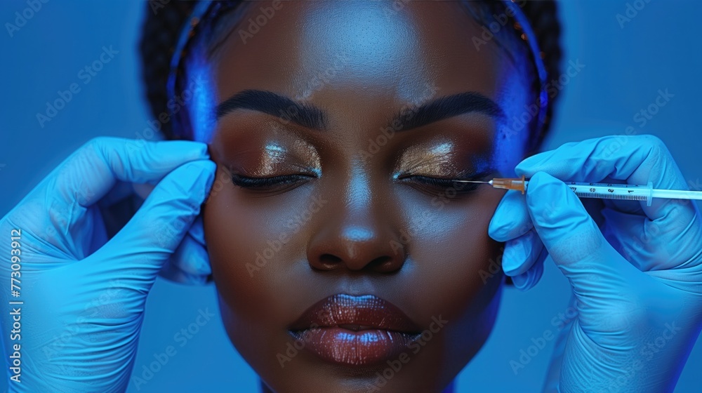 black woman with facial treatment in aesthetic clinic, receives a botox ...