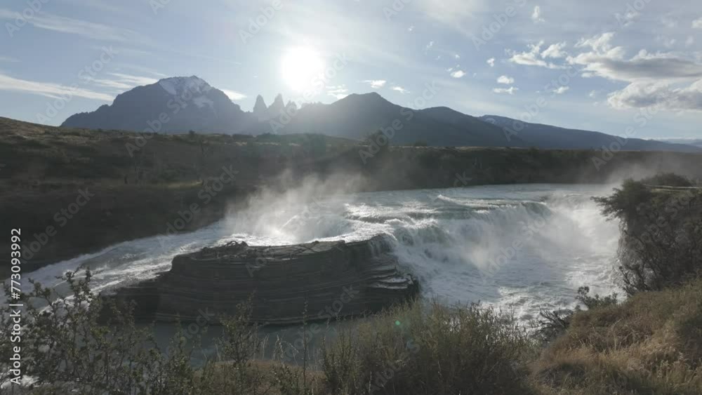 Sunset Glow on the Torres del Paine Waterfall, Slow Motion Sunset Glow on the Torres del Paine Waterfall, Slow Motion
