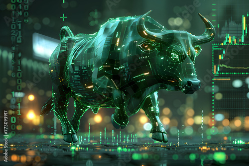 Stock market bull trading up. Symbolizing rising stock market  green colored. Concept of wall street business  bull market trader  crypto currency trading.  