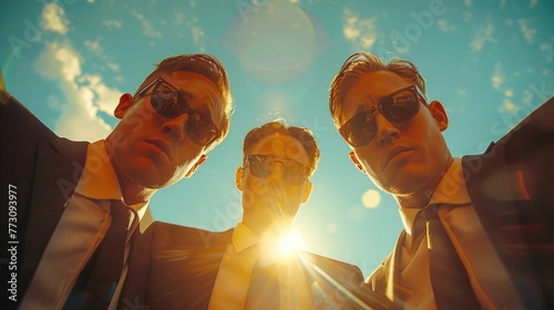 low angle medium shot. Matrix Style. A group of Agents with matching suits and sunglasses face aggressively towards camera, each agent coming from a different side of the frame