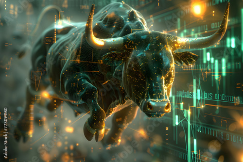 Stock market bull trading up. Symbolizing rising stock market  green colored. Concept of wall street business  bull market trader  crypto currency trading.  