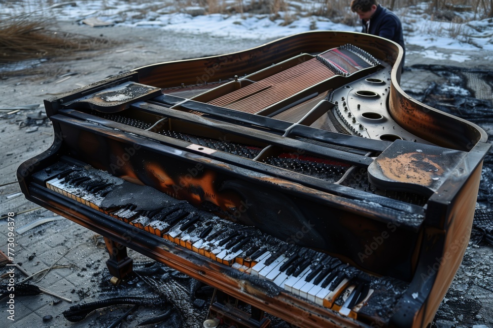 burnt piano with person sitting, staring at the damage