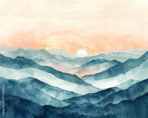 8K serene watercolor, mountain range with earthy tones and gradient sky, vast and peaceful