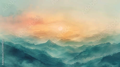 8K watercolor, mountain range under gradient sky, earthy tones, serene and vast panorama photo