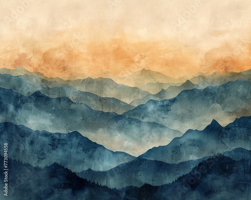 Mountain range in watercolor, 8K, earthy tones and gradient sky, tranquil and expansive landscape
