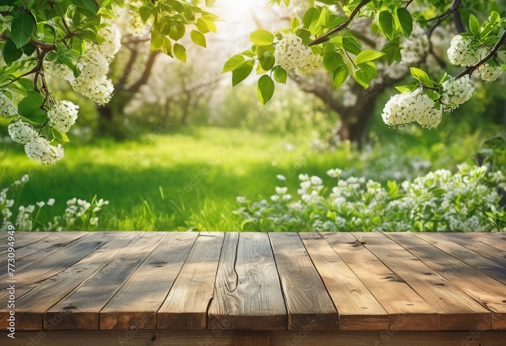 Embracing Spring: Beautiful Garden Scene with Empty Wooden Table Embracing Spring: Beautiful Garden Scene with Empty Wooden Table