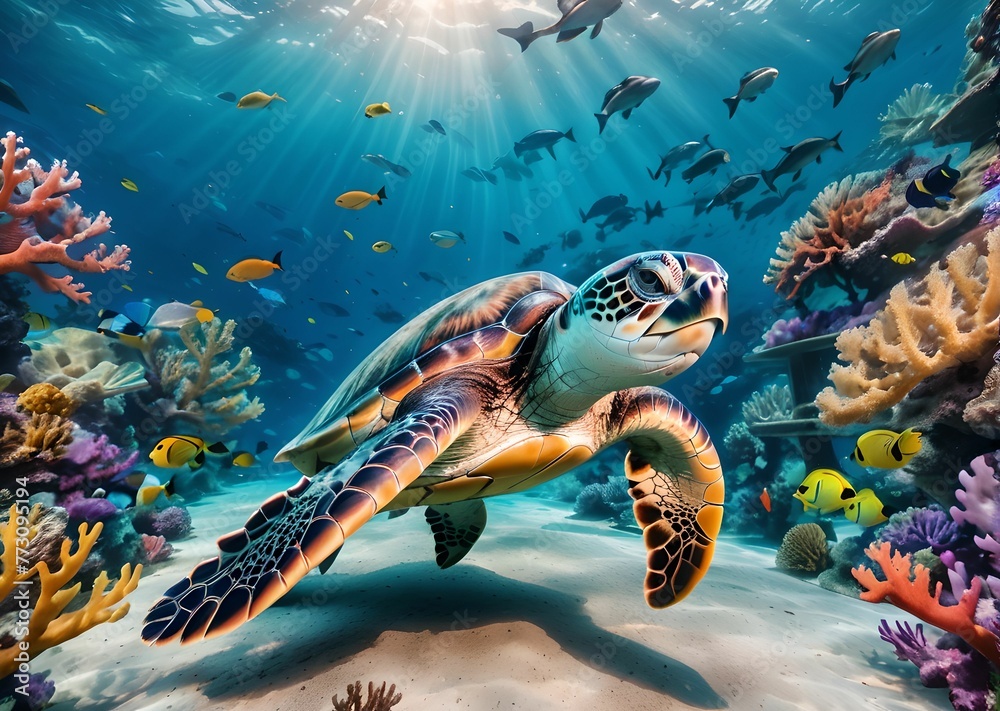 wallpaper, representing a sea turtle, evolving in the depths of the ocean, alongside coral reefs and multicolored fish.
Co wallpaper, representing a sea turtle, evolving in the depths of the ocean, alongside coral reefs and multicolored fish.
Co