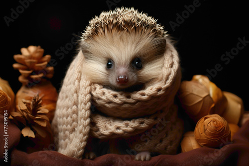 A baby hedgehog wearing a stylish scarf, rolling into a ball on a brown background.